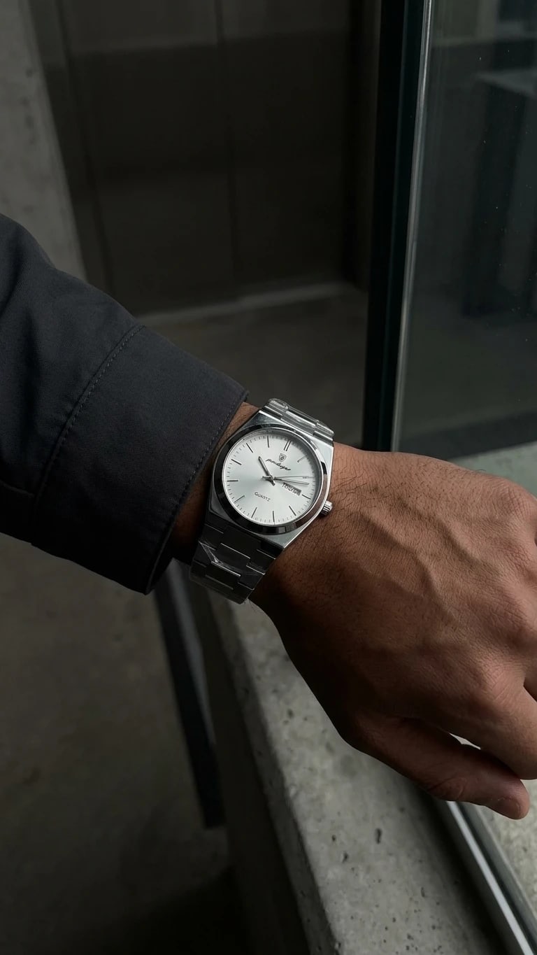 Reloj de acero en la muñeca, foto vertical
