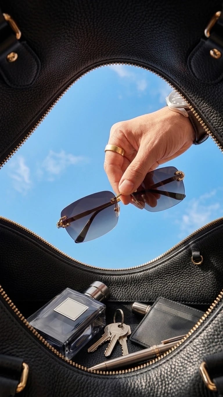 Mano sacando unas gafas de un bolso negro