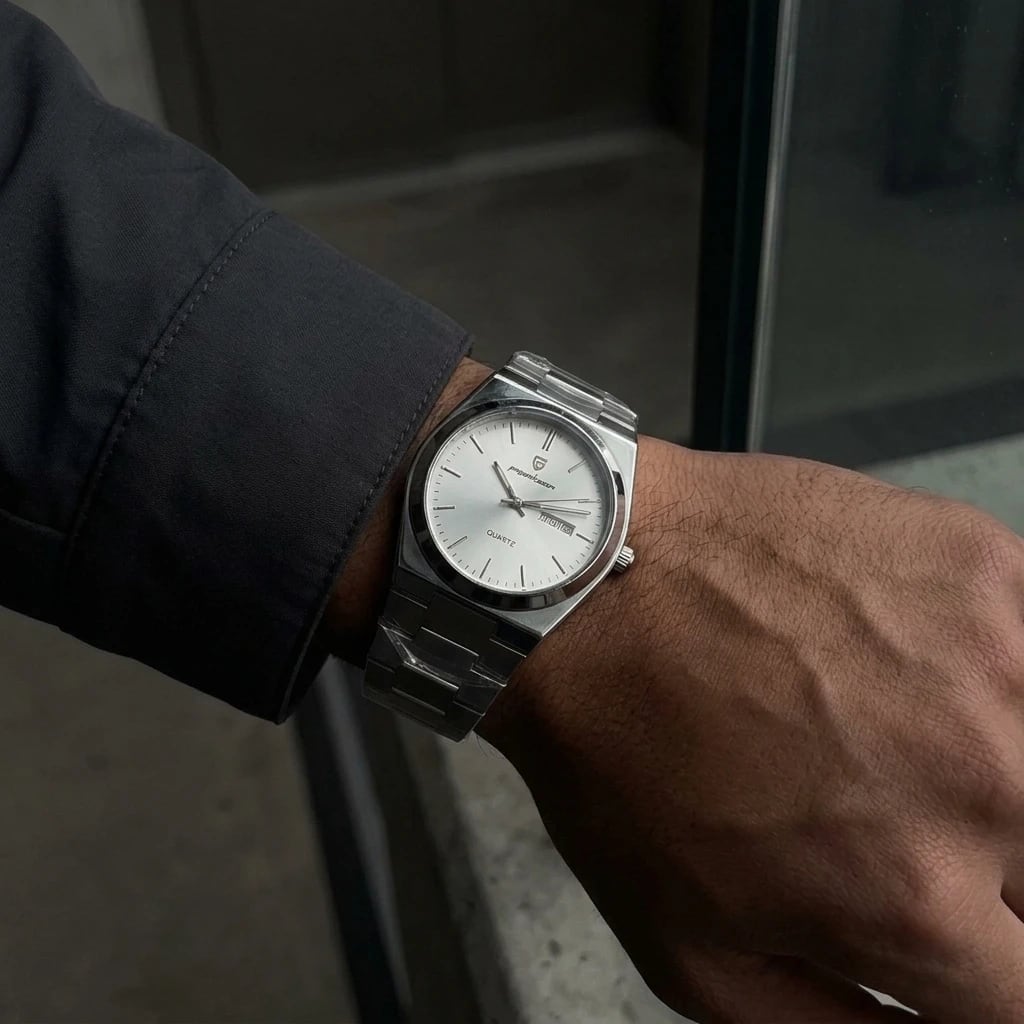 Reloj de acero en la muñeca